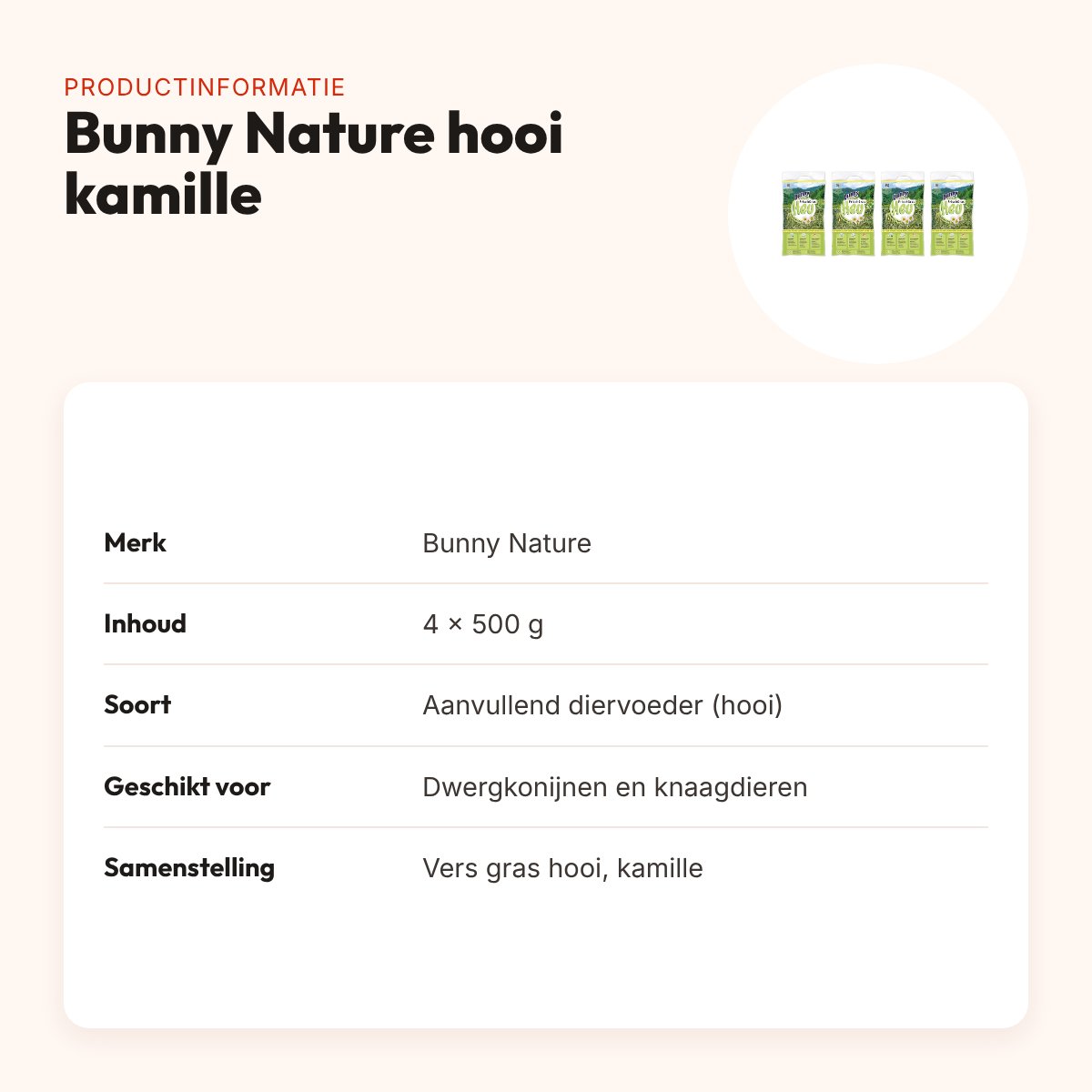 Bunny Nature vers gras hooi met kamille 500 g – multipack 4 stuks – productinformatie