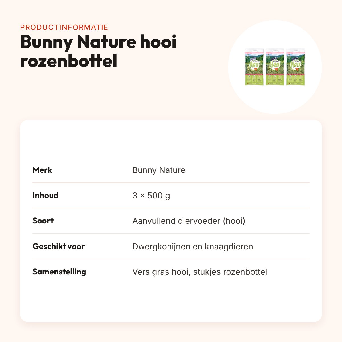 Bunny Nature vers gras hooi met rozenbottel 500 g – multipack 3 stuks – productinformatie