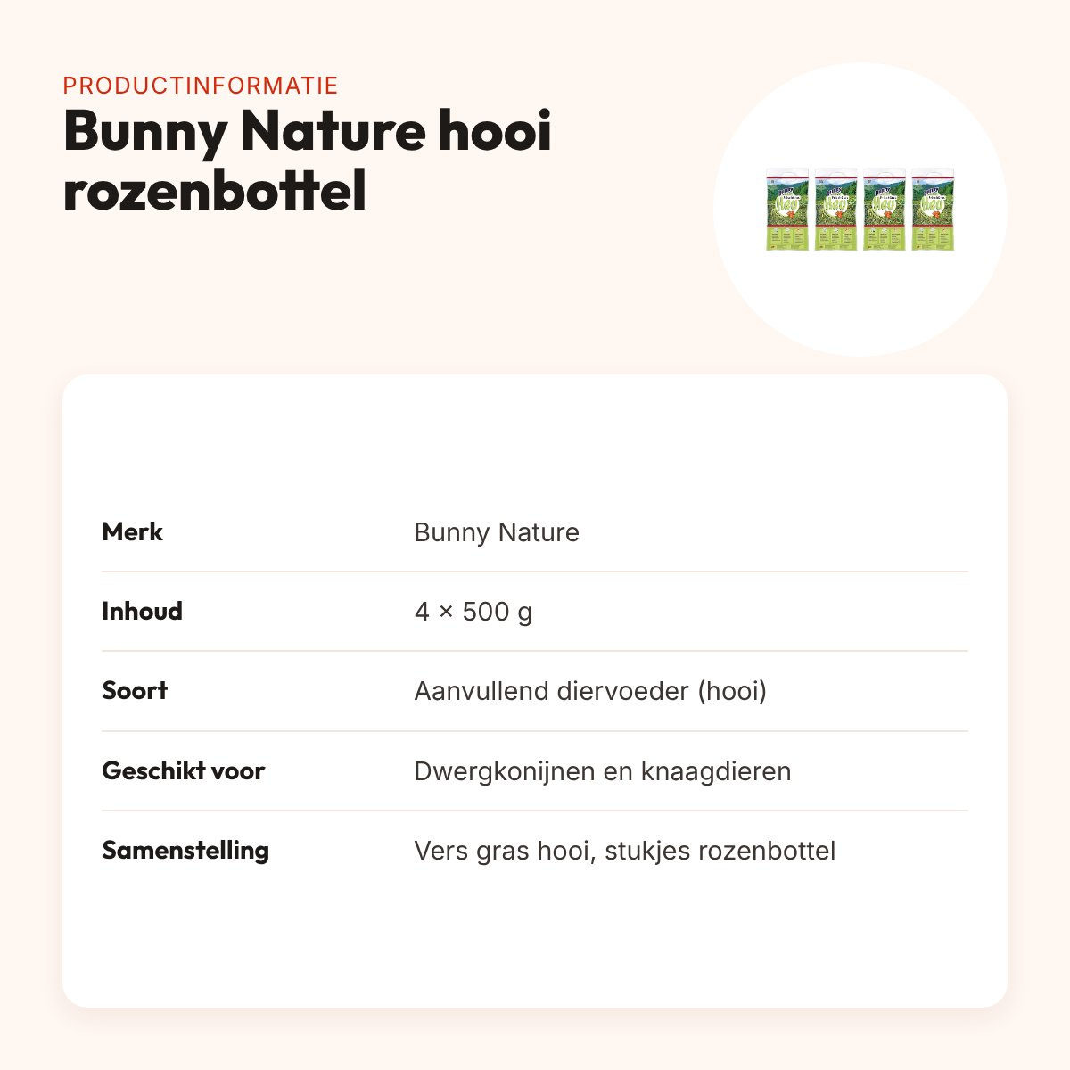 Bunny Nature vers gras hooi met rozenbottel 500 g – multipack 4 stuks – productinformatie