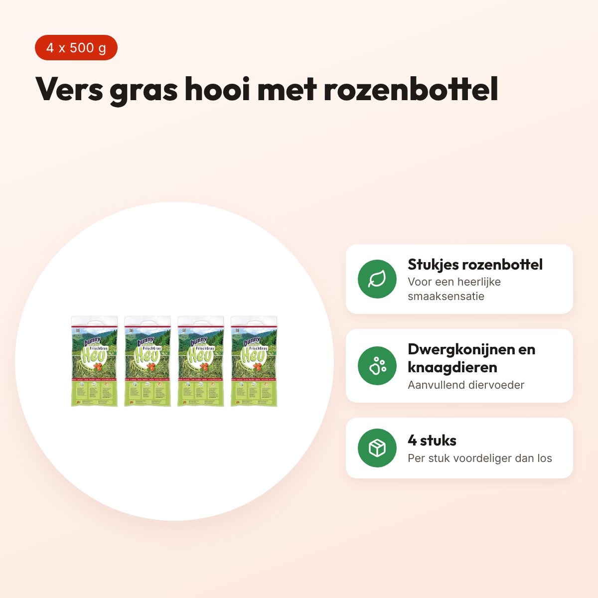Bunny Nature vers gras hooi met rozenbottel 500 g – multipack 4 stuks – voordelen