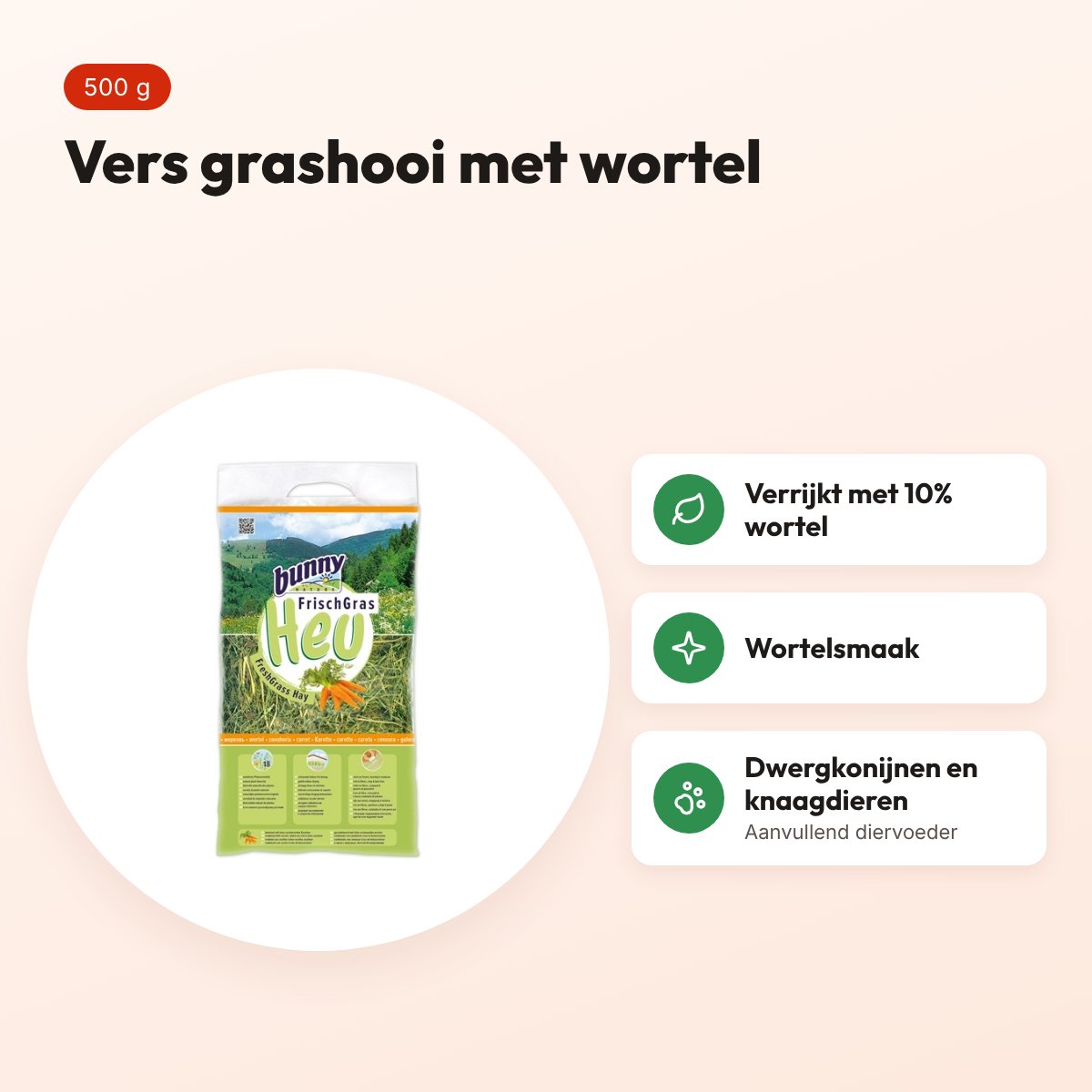 Bunny Nature vers gras hooi met wortel 500 g – dwergkonijnen en knaagdieren – voordelen