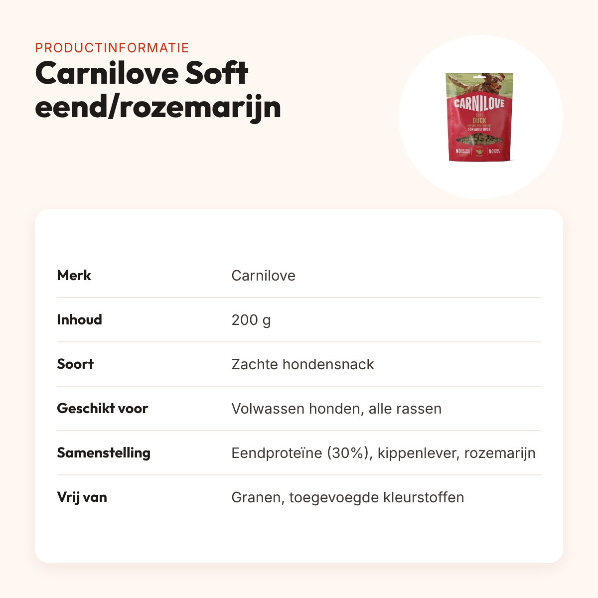 Carnilove hondensnack Soft eend en rozemarijn 200 g – graanvrij – productinformatie