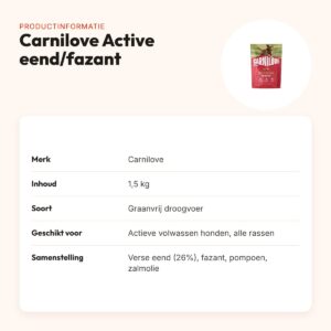 Carnilove hondenvoer Active Adult eend en fazant 1,5 kg – graanvrij – productinformatie