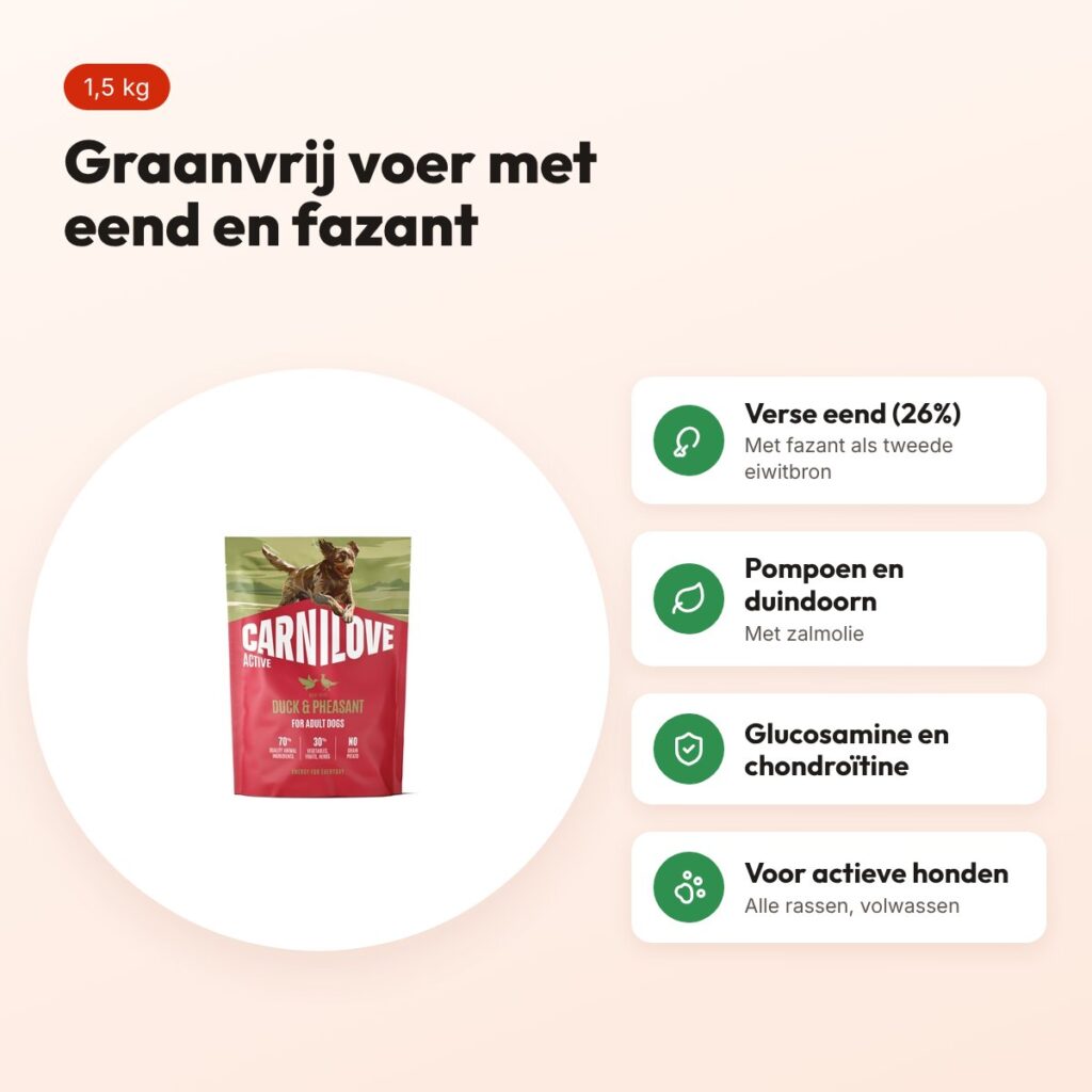 Carnilove hondenvoer Active Adult eend en fazant 1,5 kg – graanvrij – voordelen