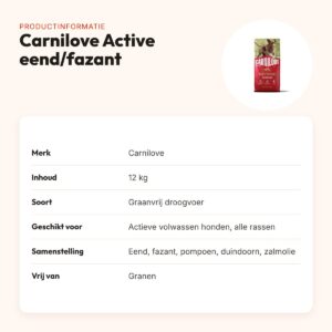 Carnilove hondenvoer Active Adult eend en fazant 12 kg – graanvrij – productinformatie