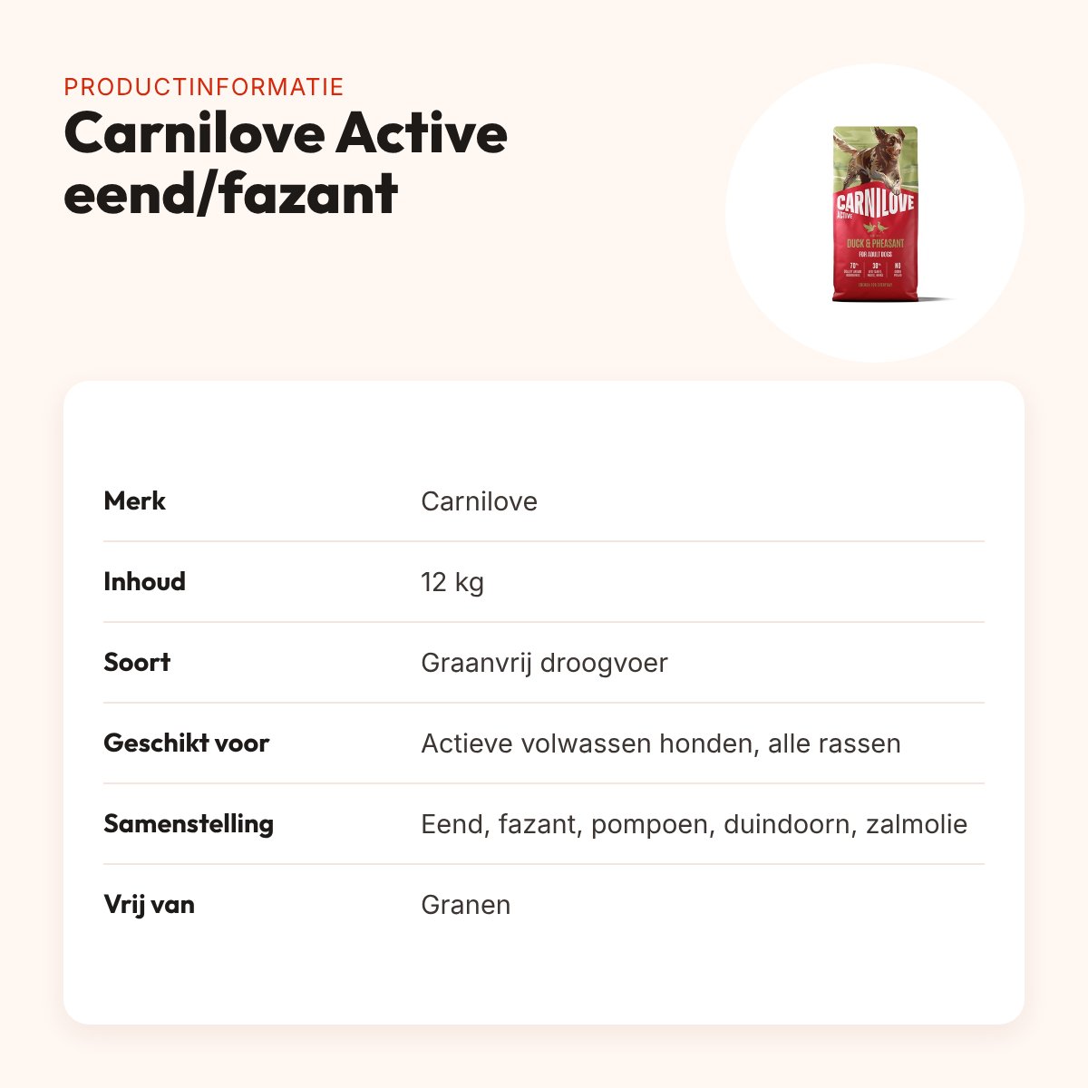 Carnilove hondenvoer Active Adult eend en fazant 12 kg – graanvrij – productinformatie