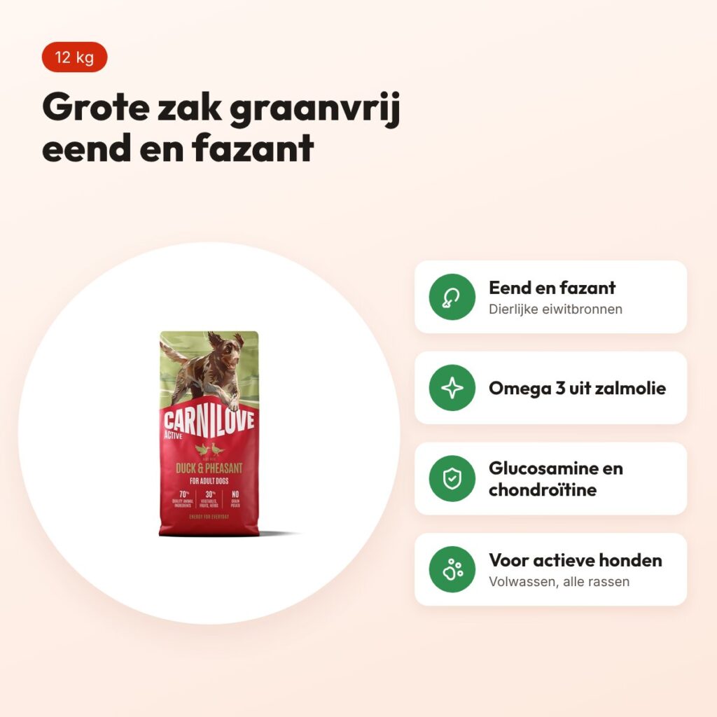 Carnilove hondenvoer Active Adult eend en fazant 12 kg – graanvrij – voordelen
