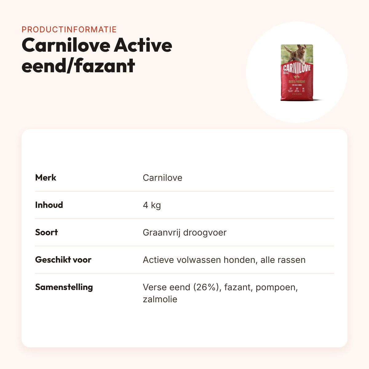 Carnilove hondenvoer Active Adult eend en fazant 4 kg – graanvrij – productinformatie