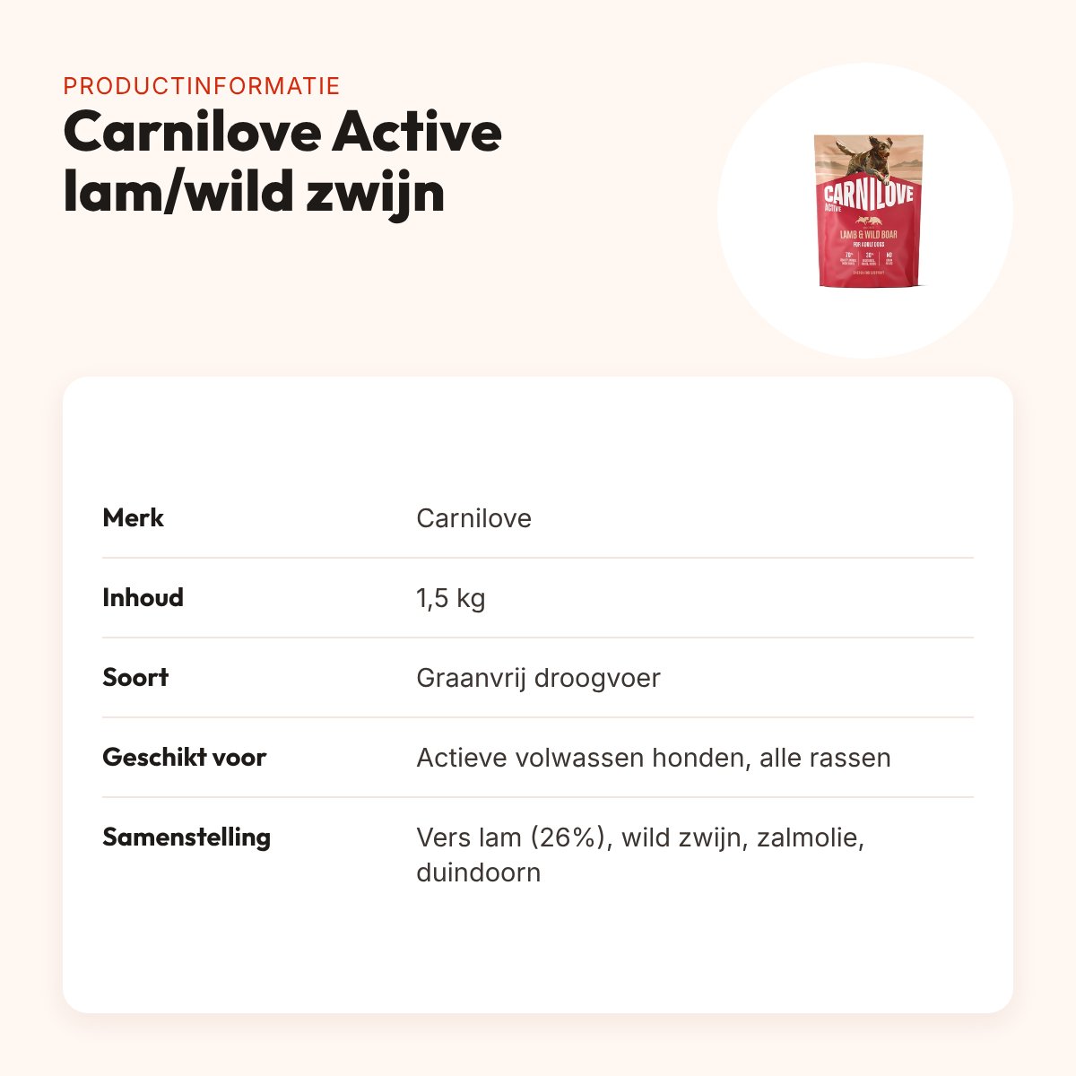 Carnilove hondenvoer Active Adult lam en wild zwijn 1,5 kg – graanvrij – productinformatie