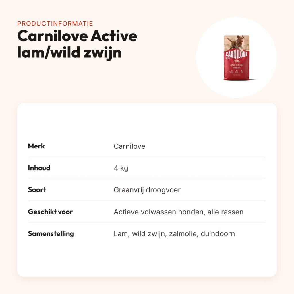 Carnilove hondenvoer Active Adult lam en wild zwijn 4 kg – graanvrij – productinformatie