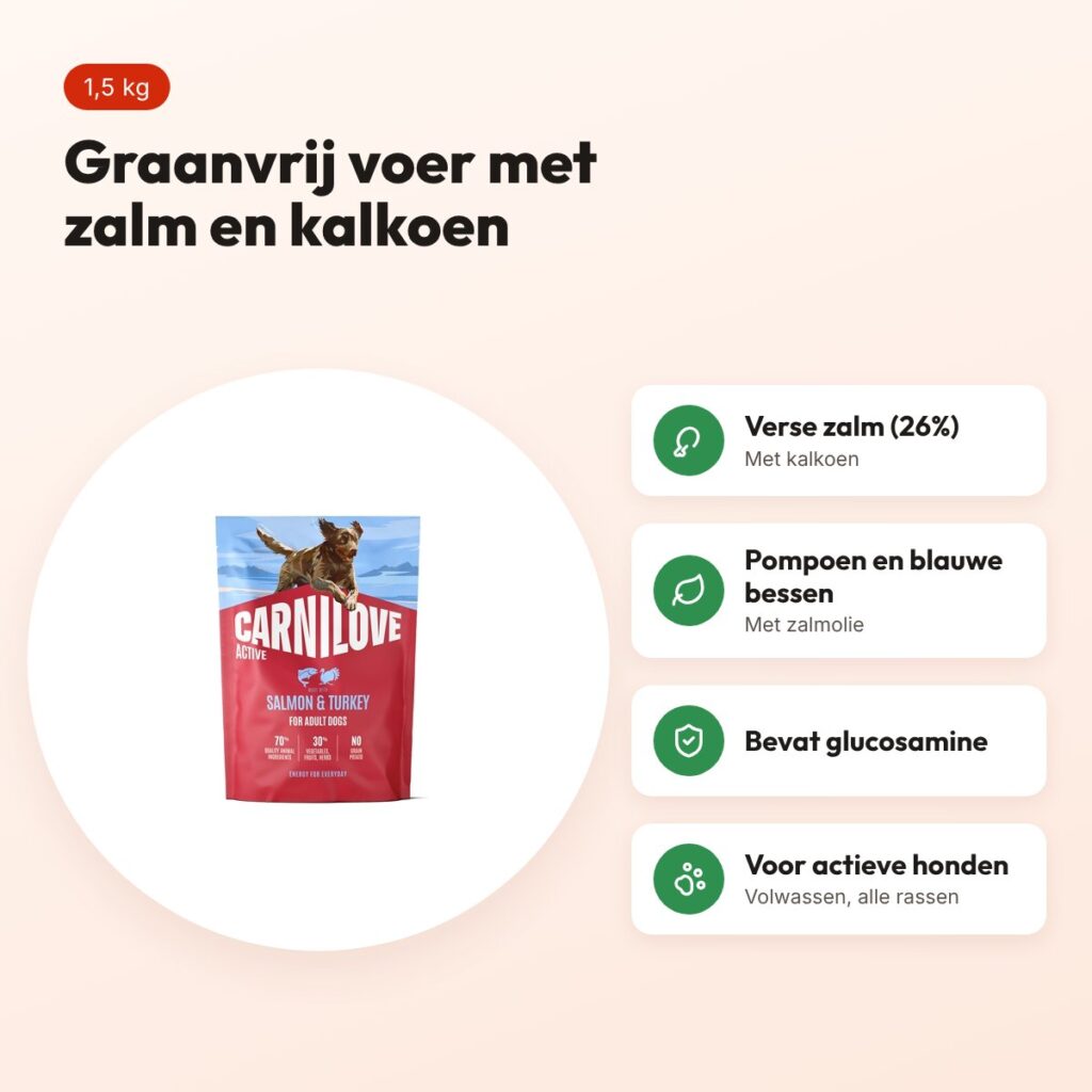 Carnilove hondenvoer Active Adult zalm en kalkoen 1,5 kg – graanvrij – voordelen