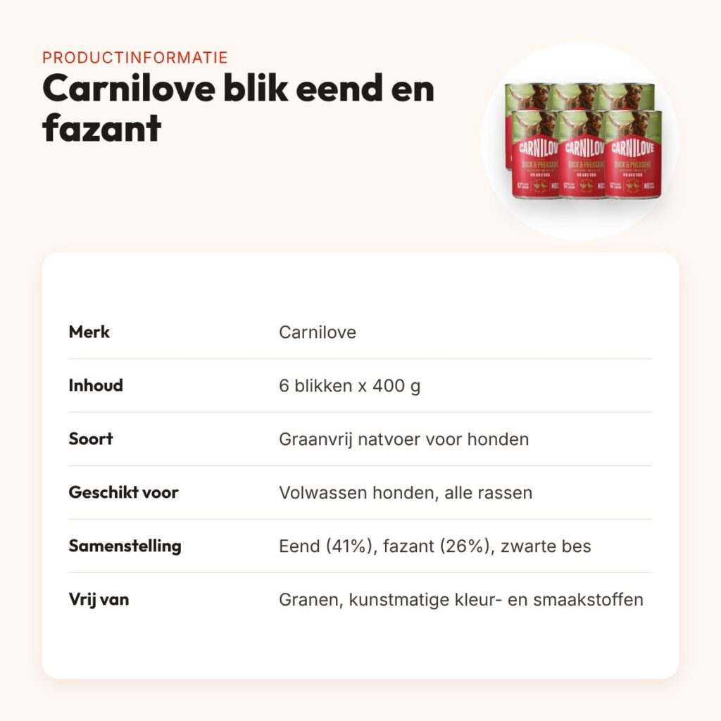Carnilove hondenvoer blik eend en fazant 6 x 400 g – graanvrij – productinformatie