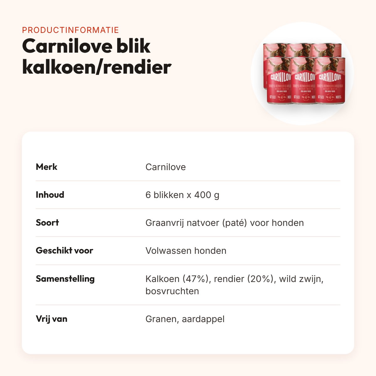 Carnilove hondenvoer blik kalkoen, rendier en wild zwijn 6 x 400 g – productinformatie
