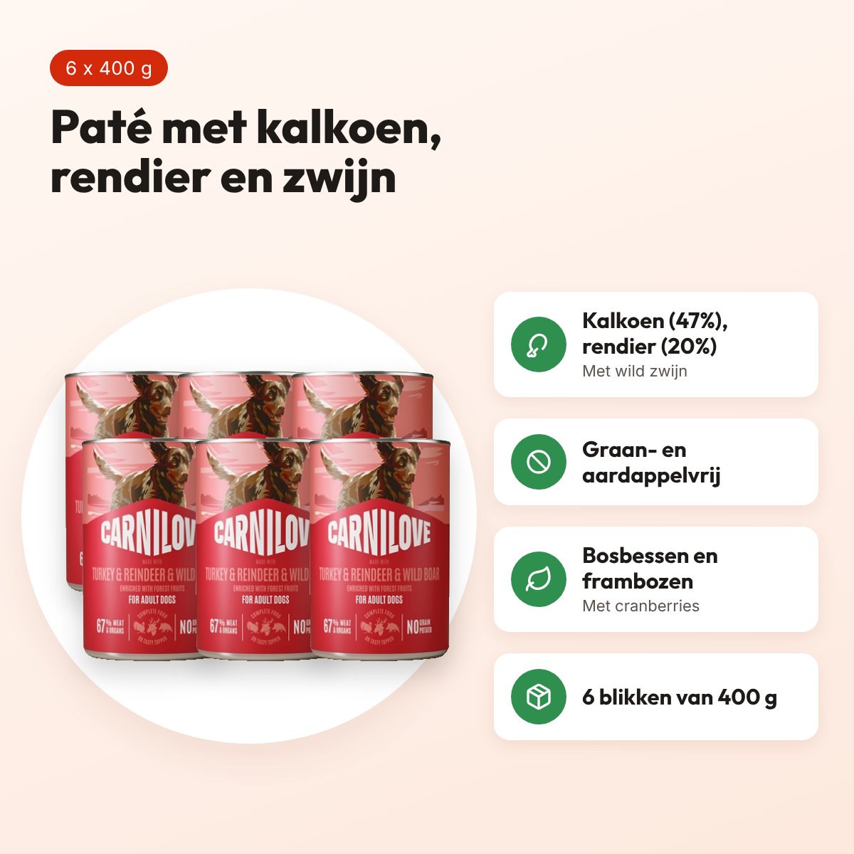 Carnilove hondenvoer blik kalkoen, rendier en wild zwijn 6 x 400 g – voordelen