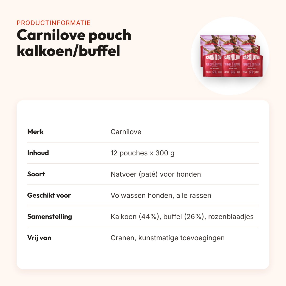 Carnilove hondenvoer pouch kalkoen, buffel en rozenblaadjes 12 x 300 g – productinformatie