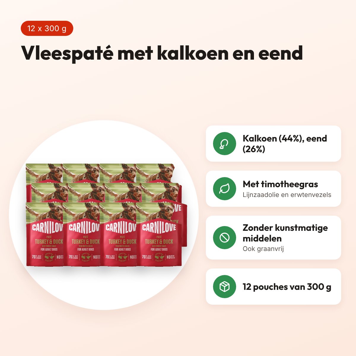 Carnilove hondenvoer pouch kalkoen, eend en timotheegras 12 x 300 g – voordelen
