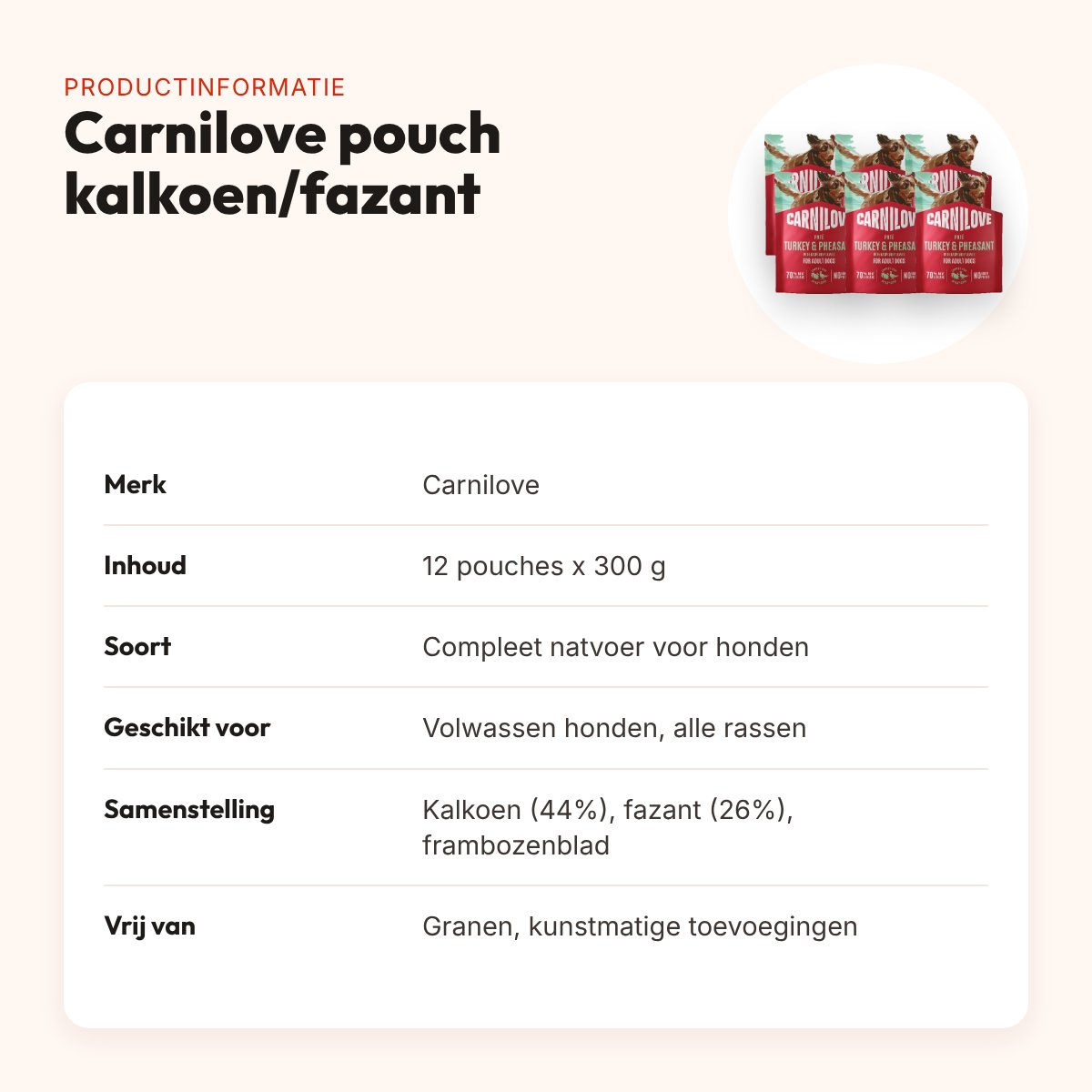 Carnilove hondenvoer pouch kalkoen, fazant en frambozenblad 12 x 300 g – productinformatie