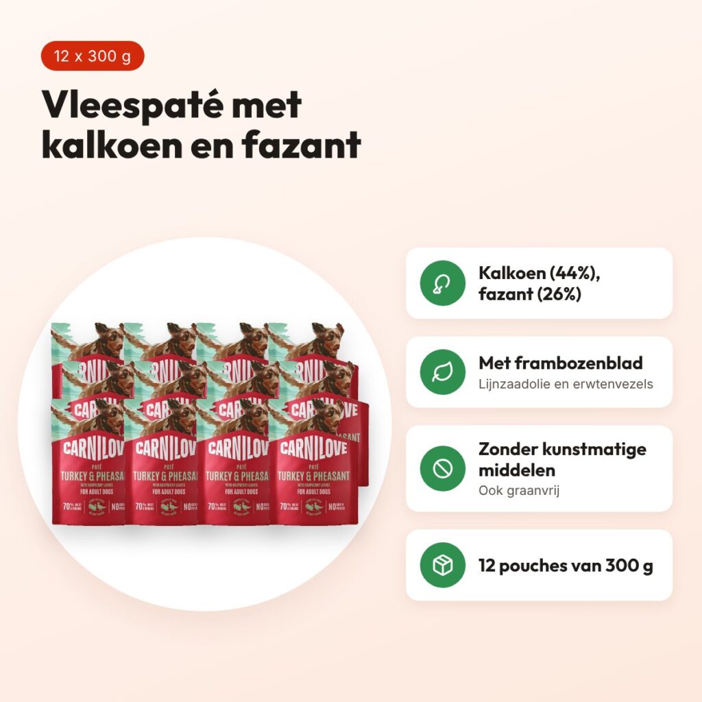 Carnilove hondenvoer pouch kalkoen, fazant en frambozenblad 12 x 300 g – voordelen