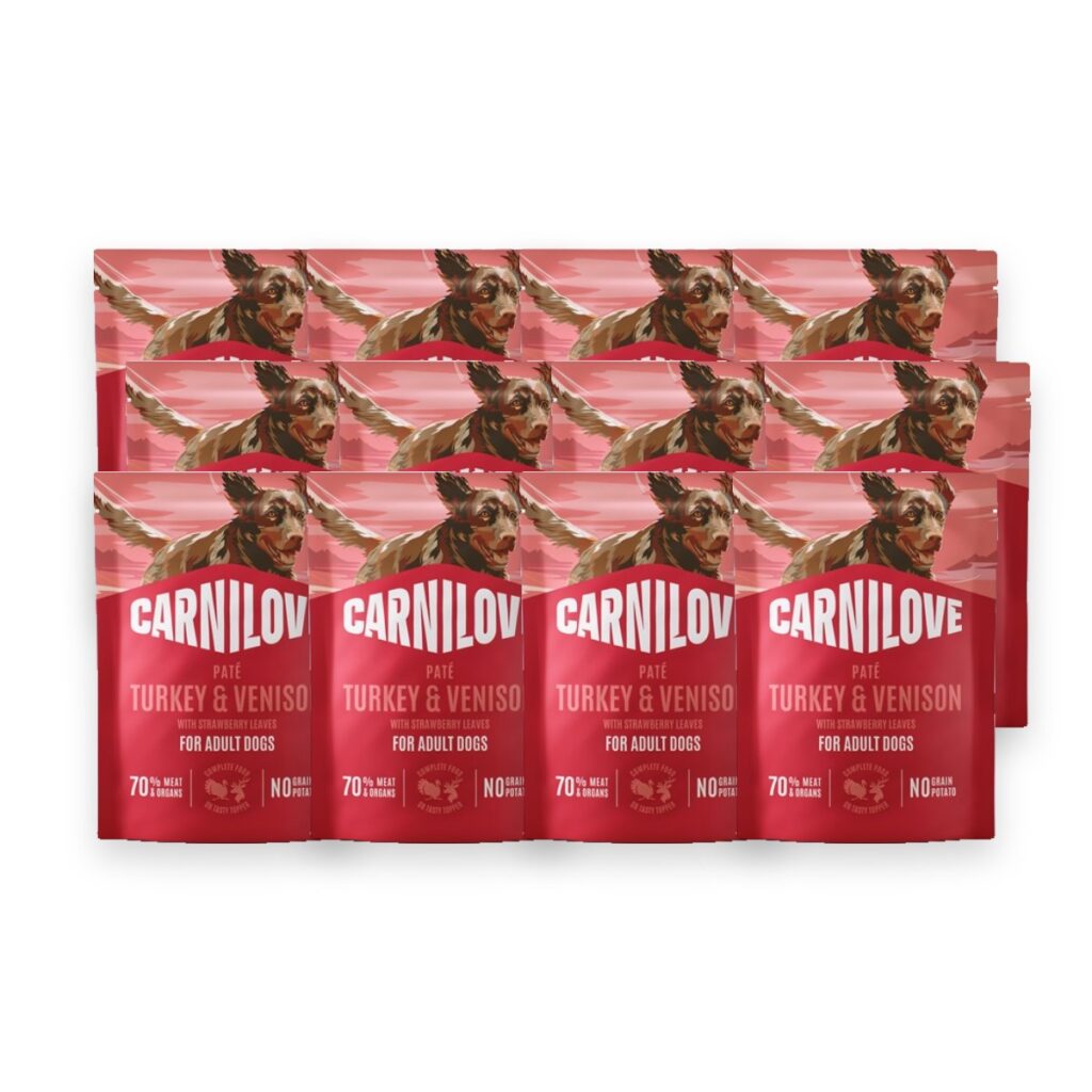 Carnilove hondenvoer pouch kalkoen, hert en aardbeienblad 12 x 300 g – verpakking
