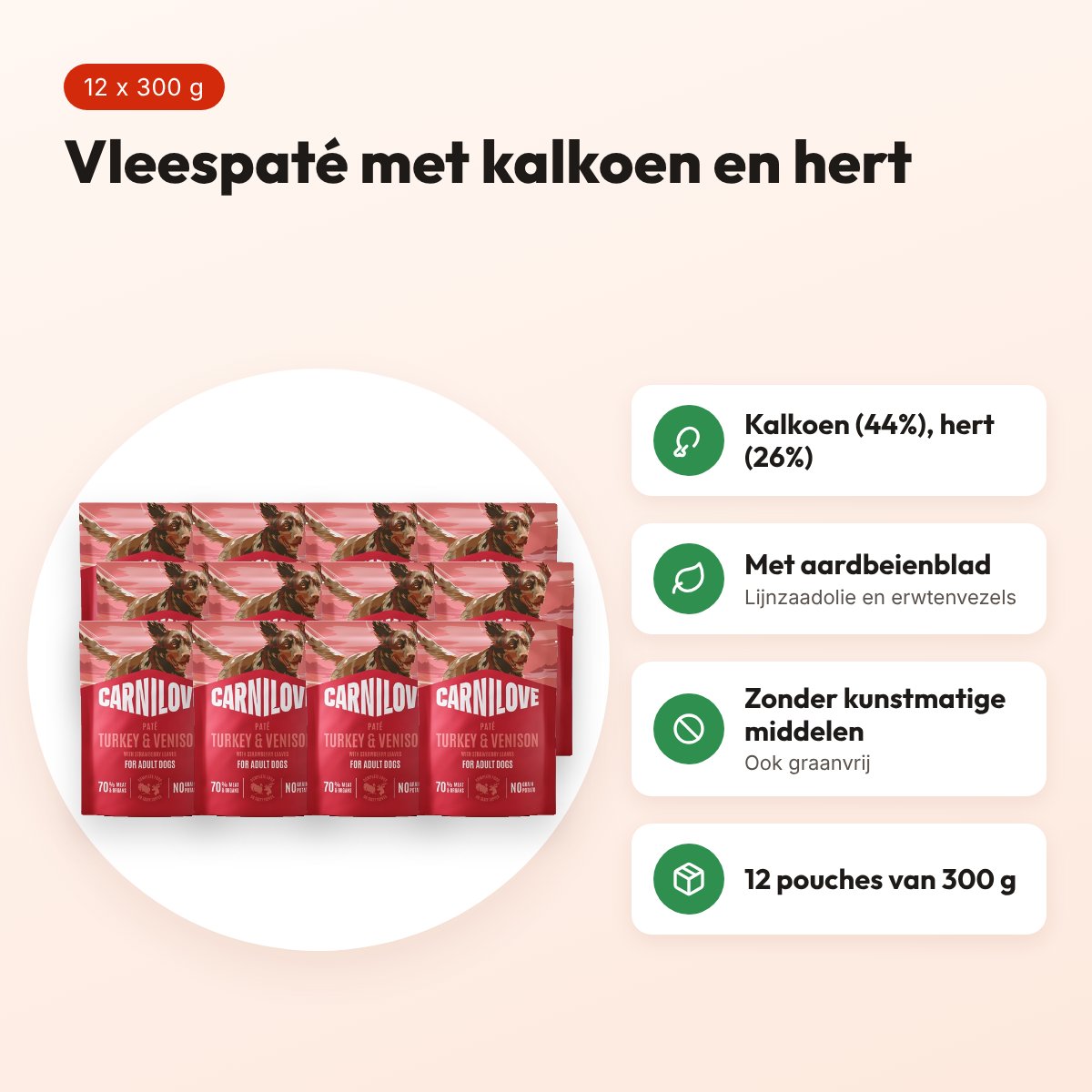 Carnilove hondenvoer pouch kalkoen, hert en aardbeienblad 12 x 300 g – voordelen