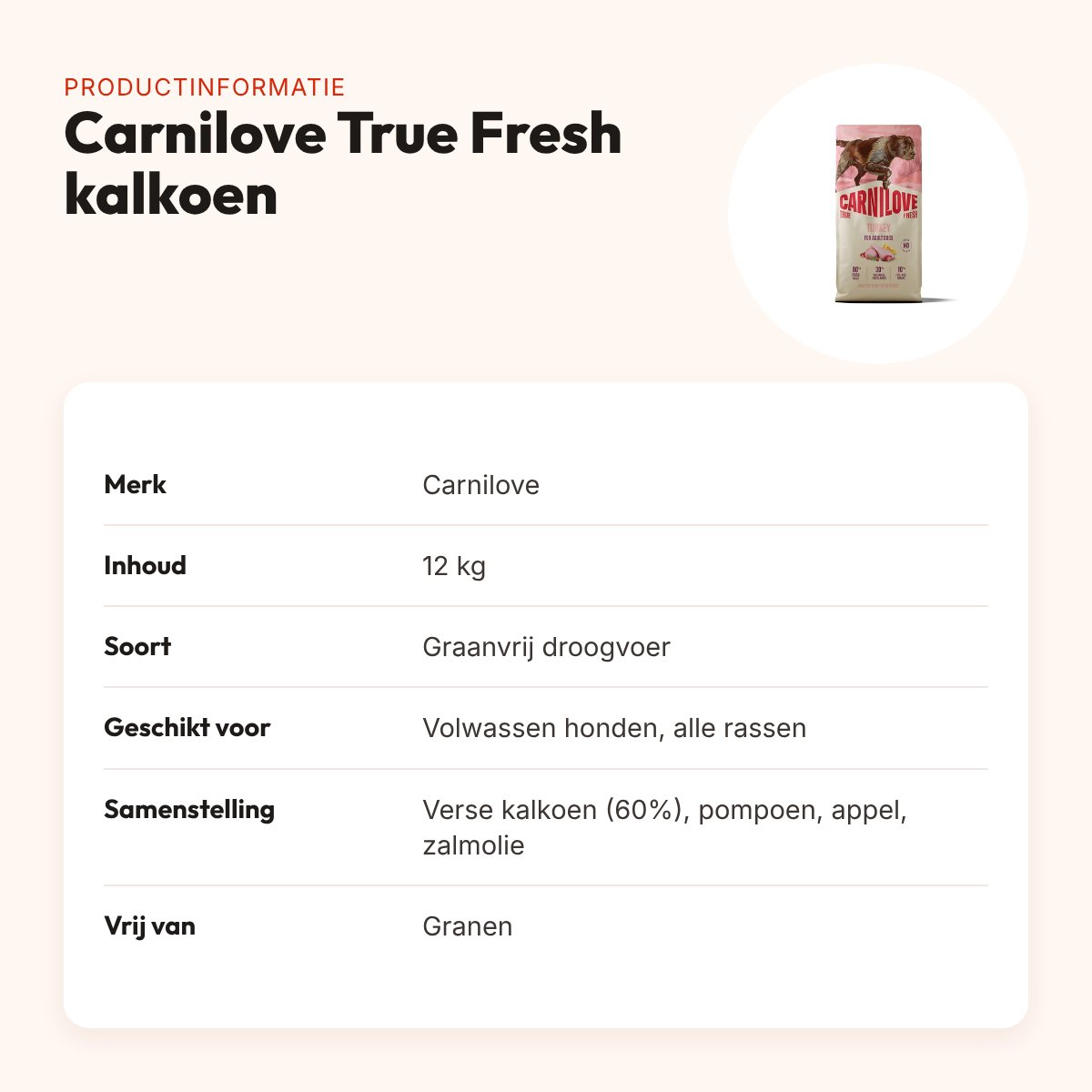 Carnilove hondenvoer True Fresh Adult kalkoen 12 kg – graanvrij – productinformatie