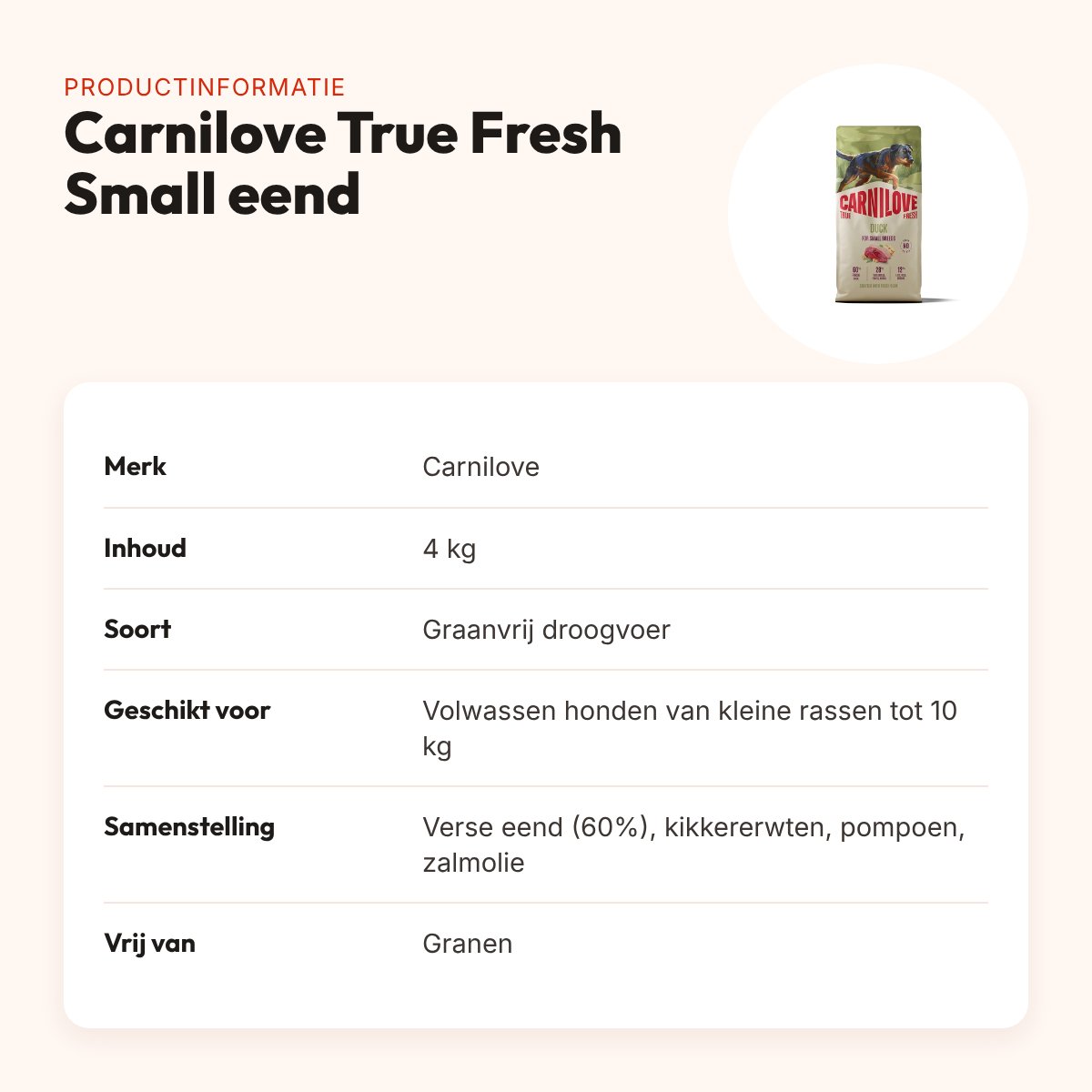 Carnilove hondenvoer True Fresh Adult Small Breed eend 4 kg – graanvrij – productinformatie