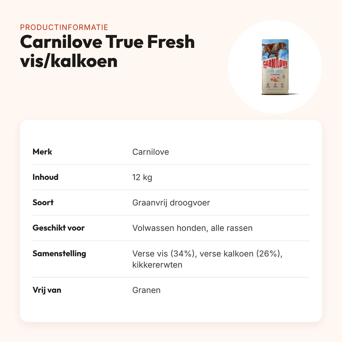 Carnilove hondenvoer True Fresh Adult vis en kalkoen 12 kg – graanvrij – productinformatie