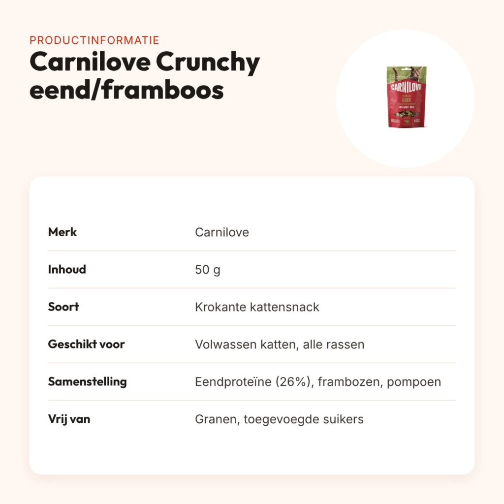 Carnilove kattensnack Crunchy eend en framboos 50 g – graanvrij – productinformatie