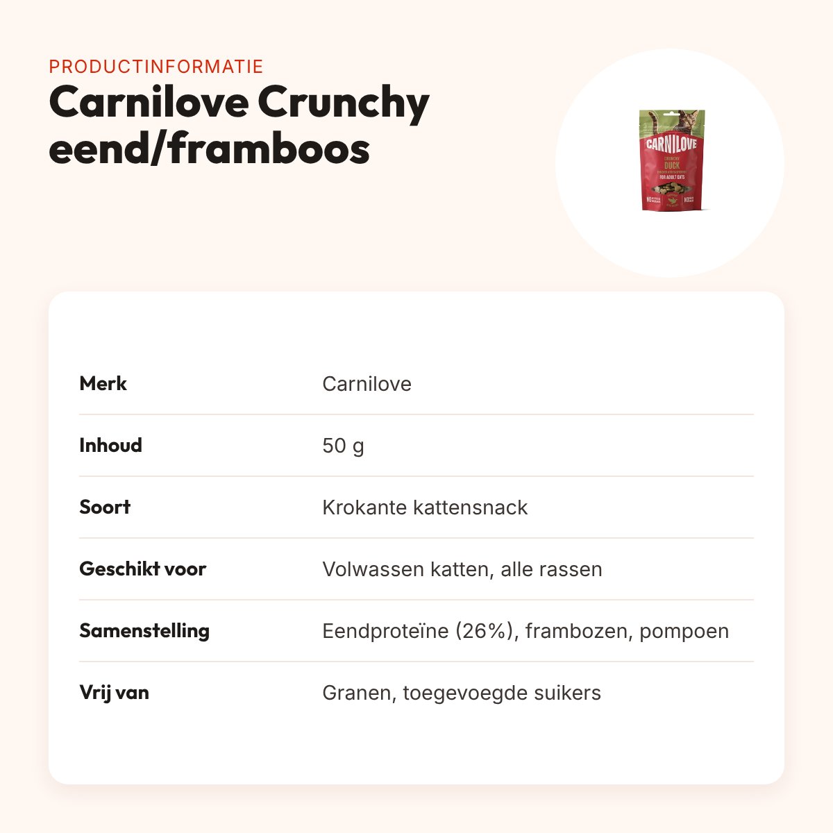 Carnilove kattensnack Crunchy eend en framboos 50 g – graanvrij – productinformatie