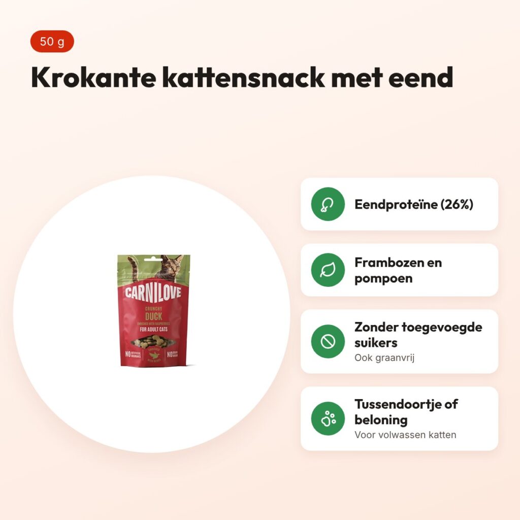 Carnilove kattensnack Crunchy eend en framboos 50 g – graanvrij – voordelen