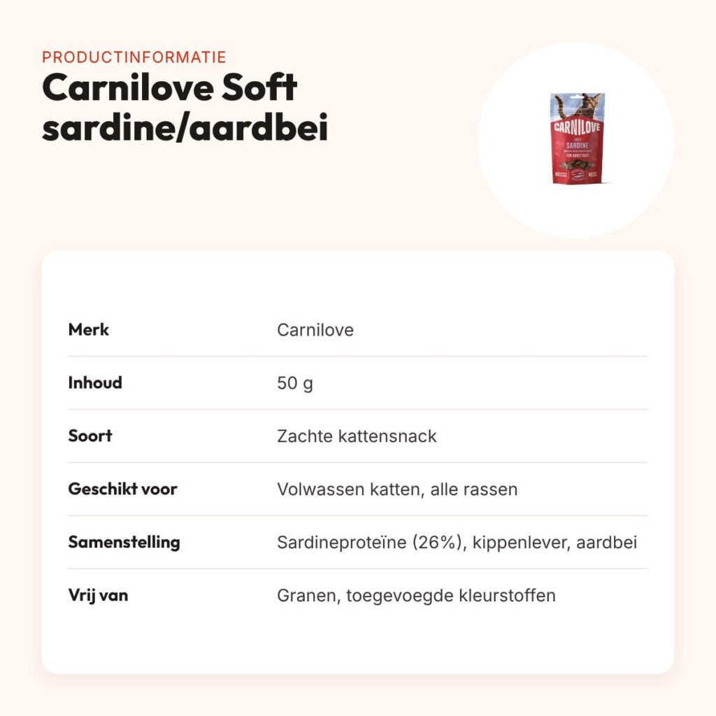 Carnilove kattensnack Soft sardine en aardbei 50 g – graanvrij – productinformatie