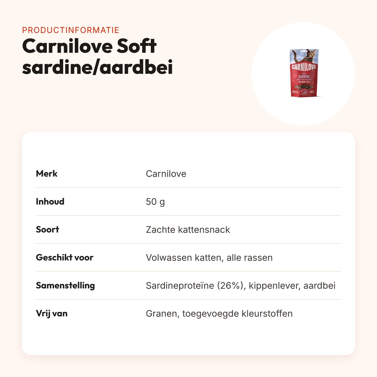 Carnilove kattensnack Soft sardine en aardbei 50 g – graanvrij – productinformatie