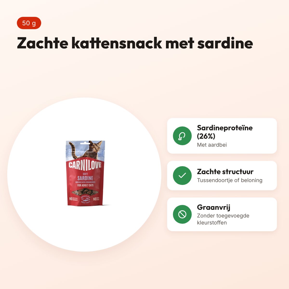 Carnilove kattensnack Soft sardine en aardbei 50 g – graanvrij – voordelen