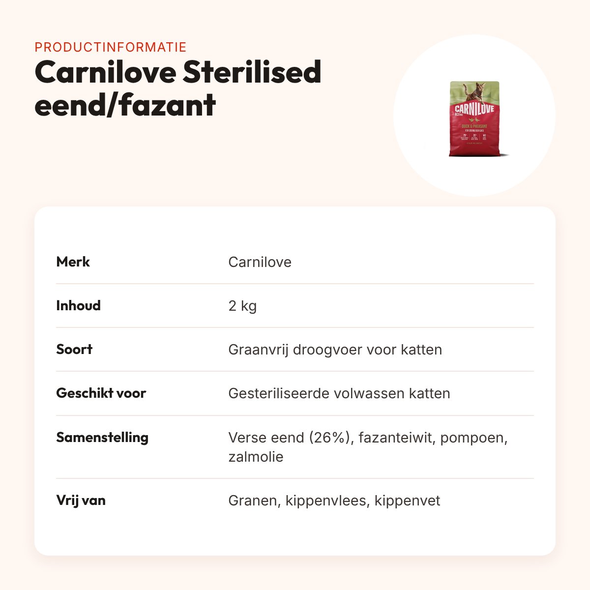 Carnilove kattenvoer Active Sterilised eend en fazant 2 kg – graanvrij – productinformatie