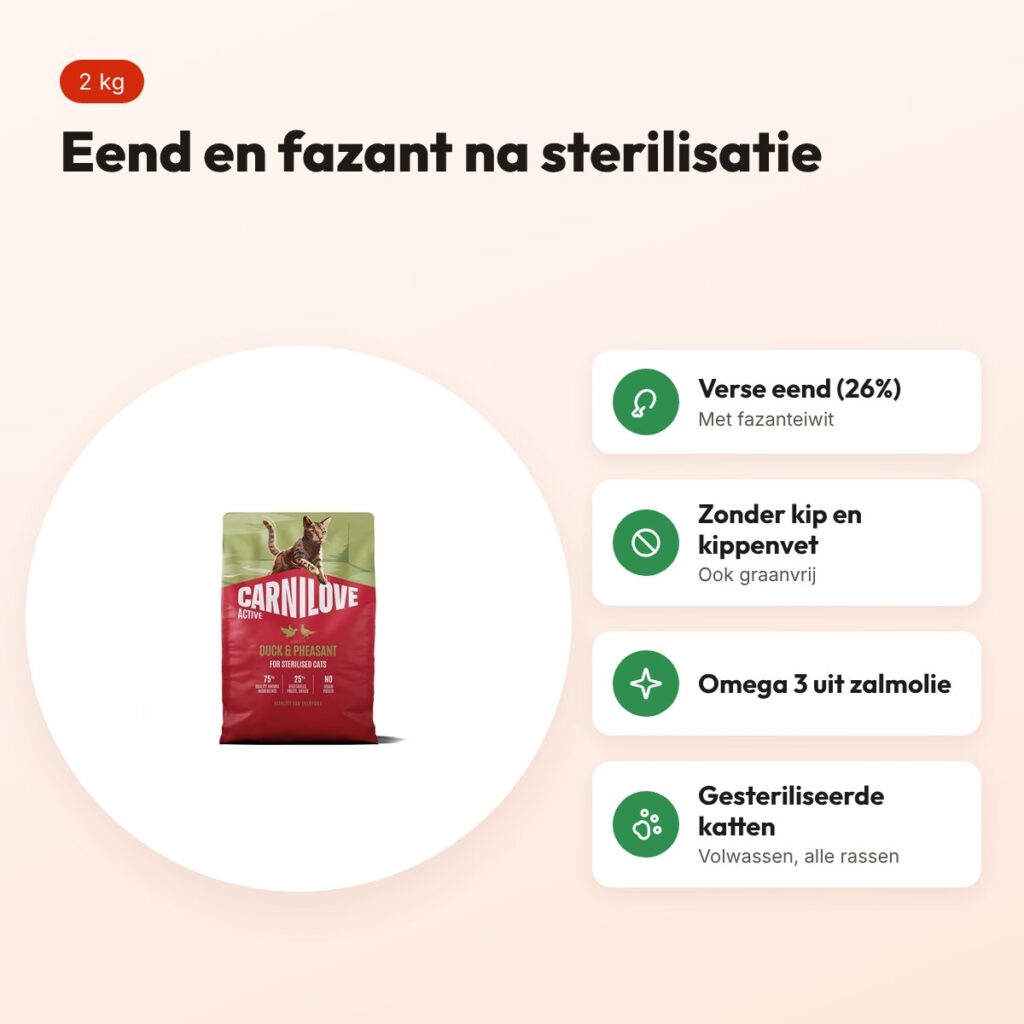 Carnilove kattenvoer Active Sterilised eend en fazant 2 kg – graanvrij – voordelen