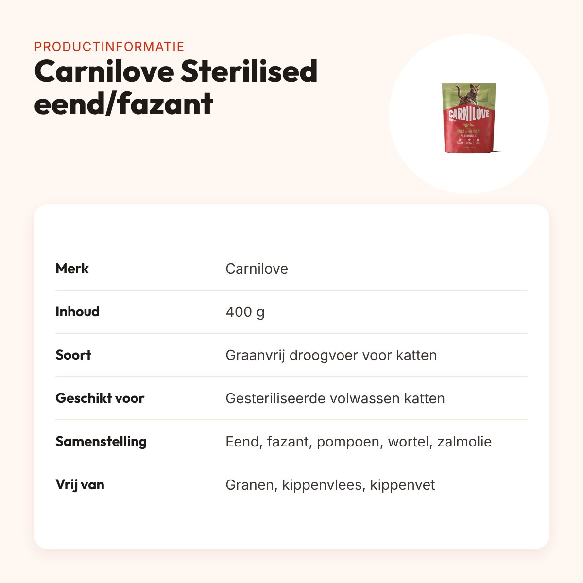 Carnilove kattenvoer Active Sterilised eend en fazant 400 g – graanvrij – productinformatie
