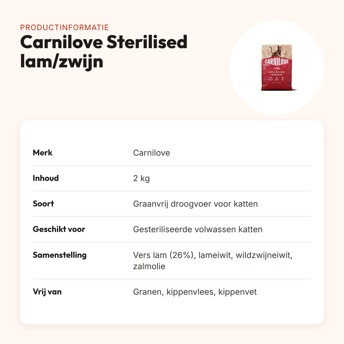 Carnilove kattenvoer Active Sterilised lam en wild zwijn 2 kg – graanvrij – productinformatie