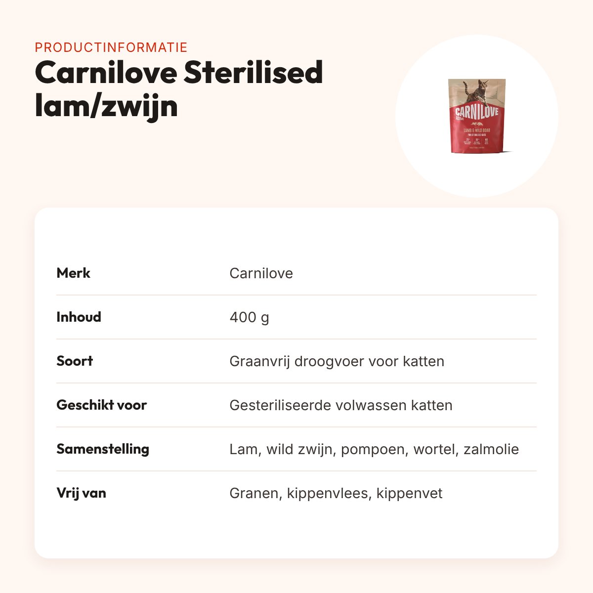 Carnilove kattenvoer Active Sterilised lam en wild zwijn 400 g – graanvrij – productinformatie
