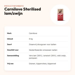 Carnilove kattenvoer Active Sterilised lam en wild zwijn 6 kg – graanvrij – productinformatie