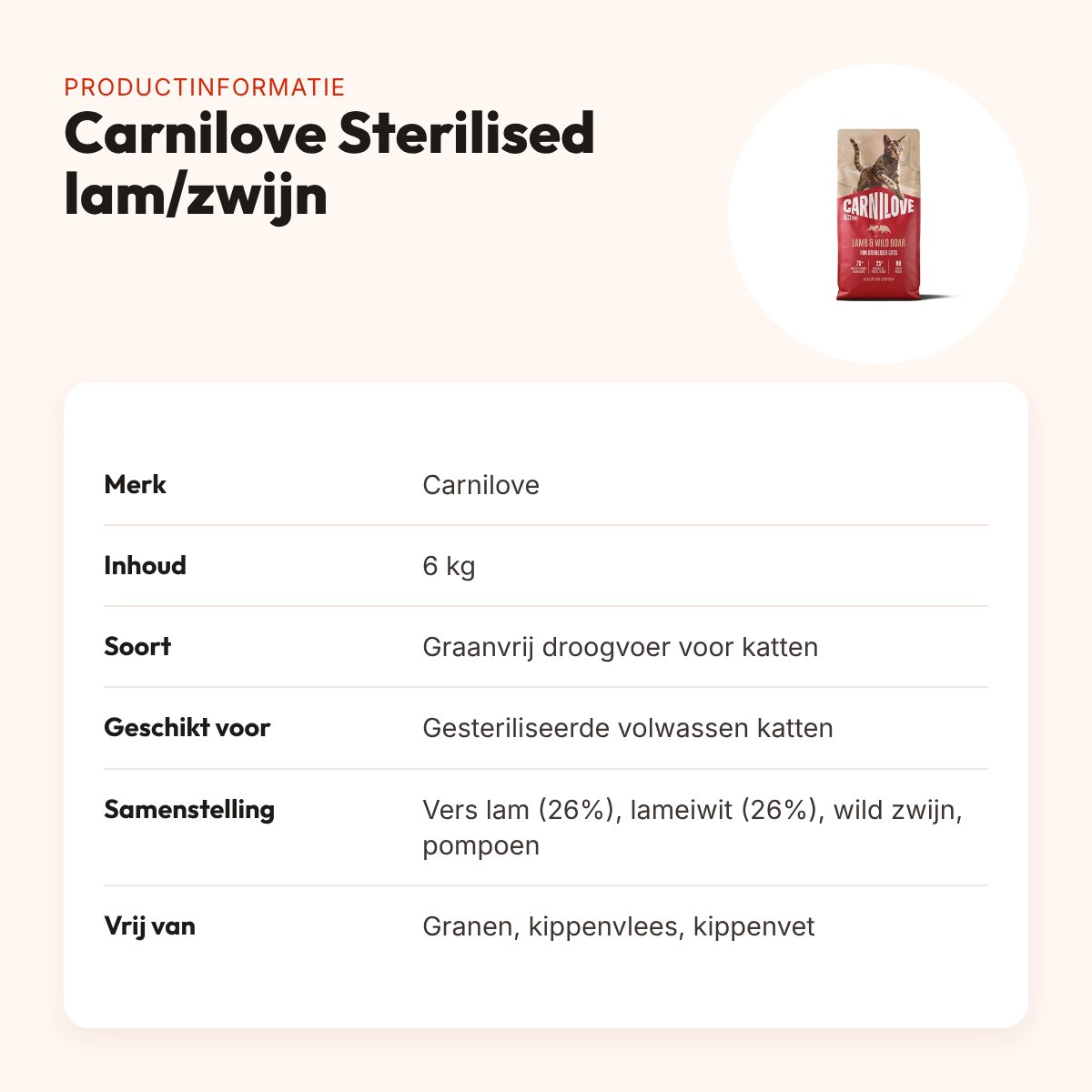 Carnilove kattenvoer Active Sterilised lam en wild zwijn 6 kg – graanvrij – productinformatie