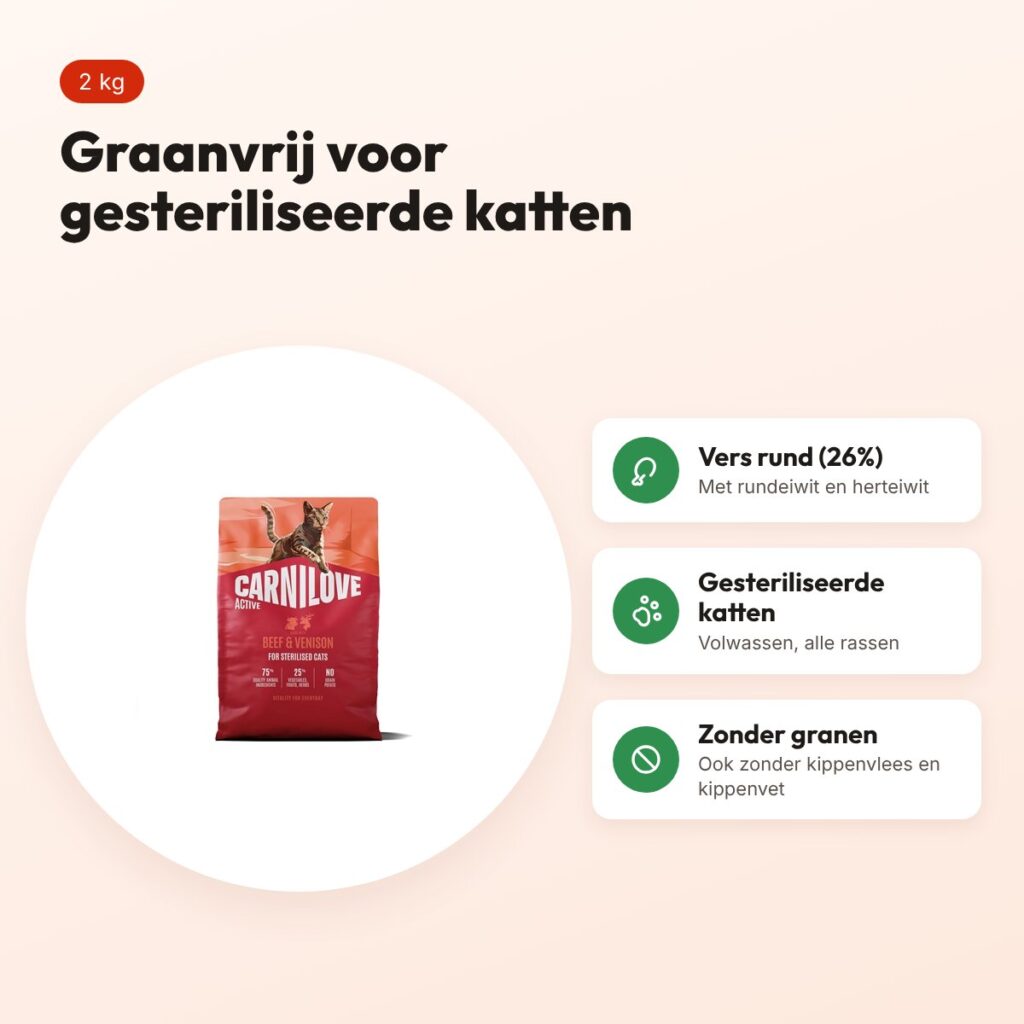 Carnilove kattenvoer Active Sterilised rund en hert 2 kg – graanvrij – voordelen