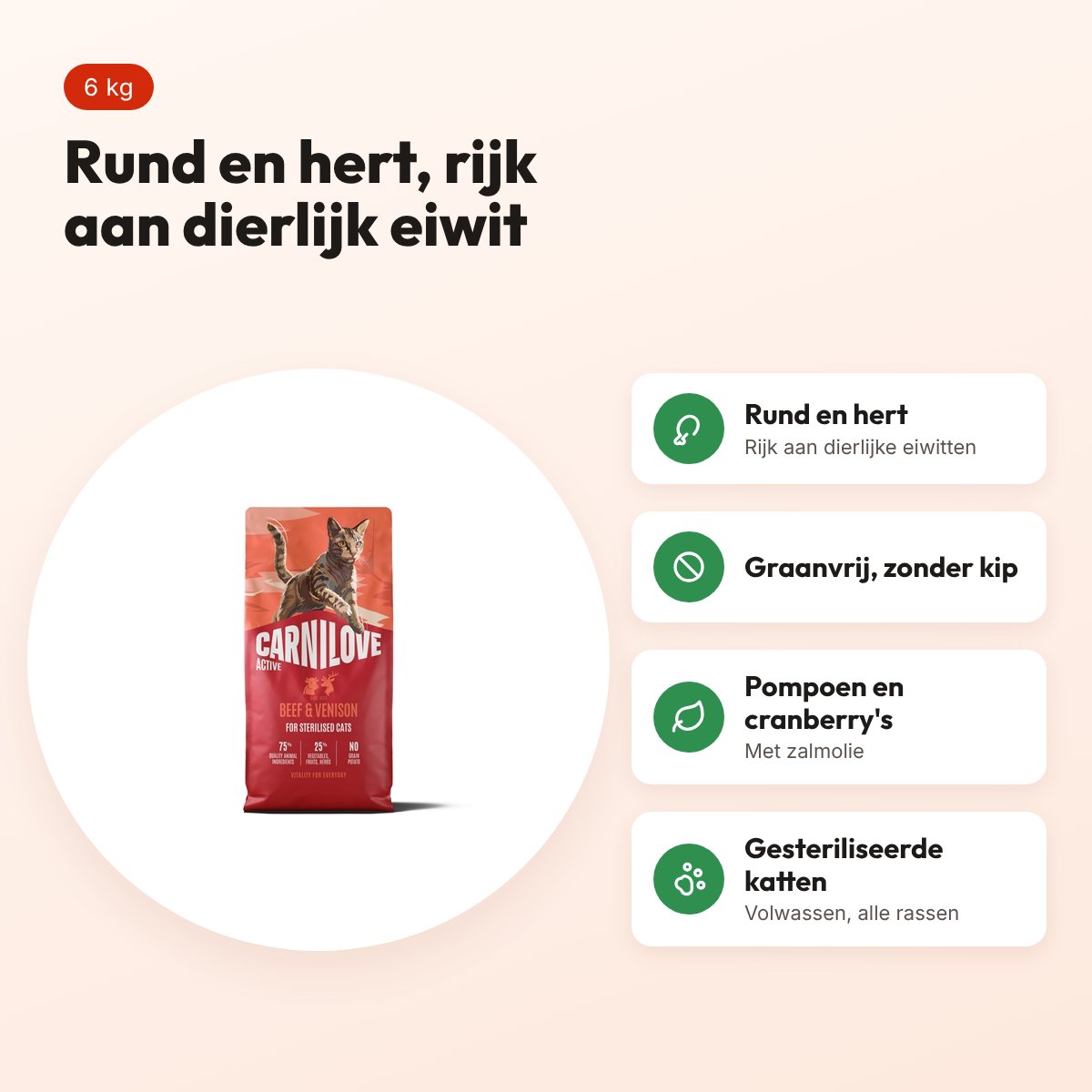 Carnilove kattenvoer Active Sterilised rund en hert 6 kg – graanvrij – voordelen