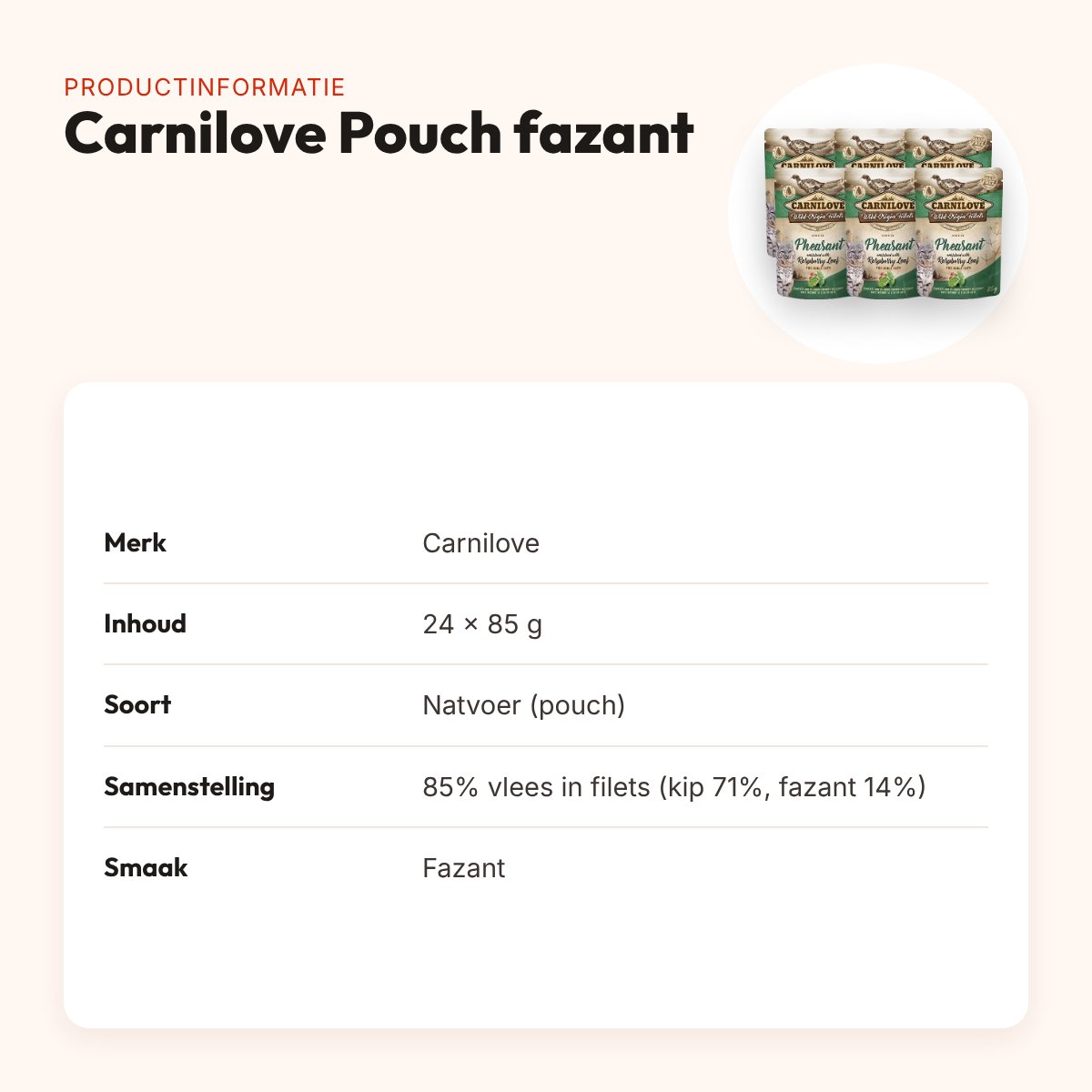 Carnilove kattenvoer natvoer fazant 24 x 85 g – hypoallergeen, pouch – productinformatie
