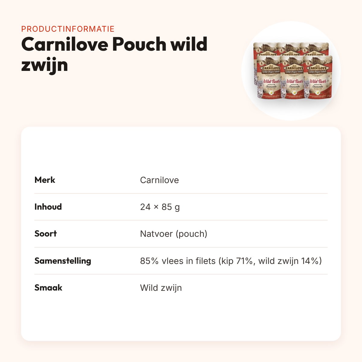 Carnilove kattenvoer natvoer wild zwijn 24 x 85 g – eiwitrijk, pouch – productinformatie