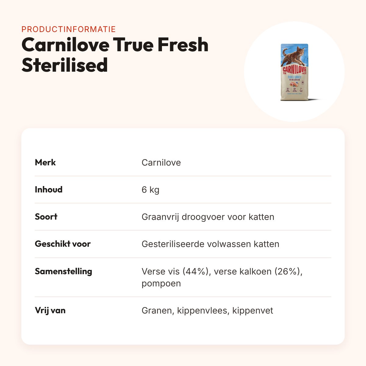 Carnilove kattenvoer True Fresh Sterilised vis en kalkoen 6 kg – graanvrij – productinformatie