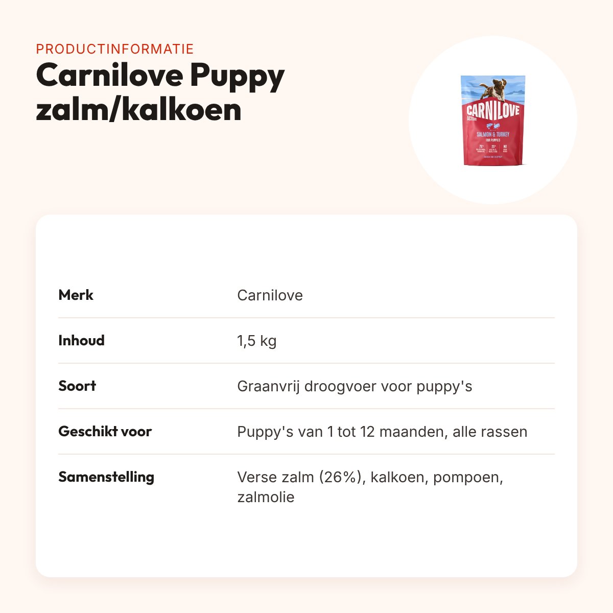 Carnilove puppyvoer Active Puppy zalm en kalkoen 1,5 kg – graanvrij – productinformatie