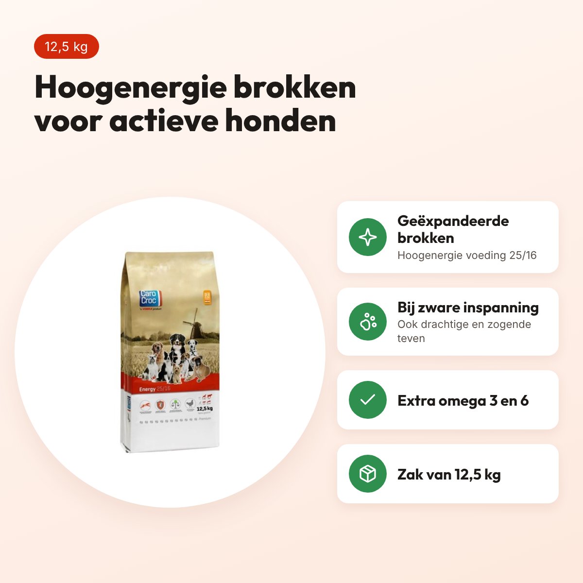 CaroCroc hondenvoer Energy 25/16 12,5 kg – voor zware inspanning – voordelen