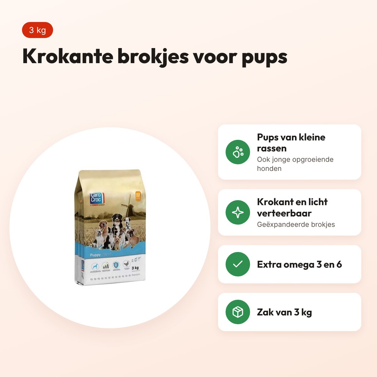 CaroCroc hondenvoer Puppy 3 kg – licht verteerbare brokjes, kleine rassen – voordelen