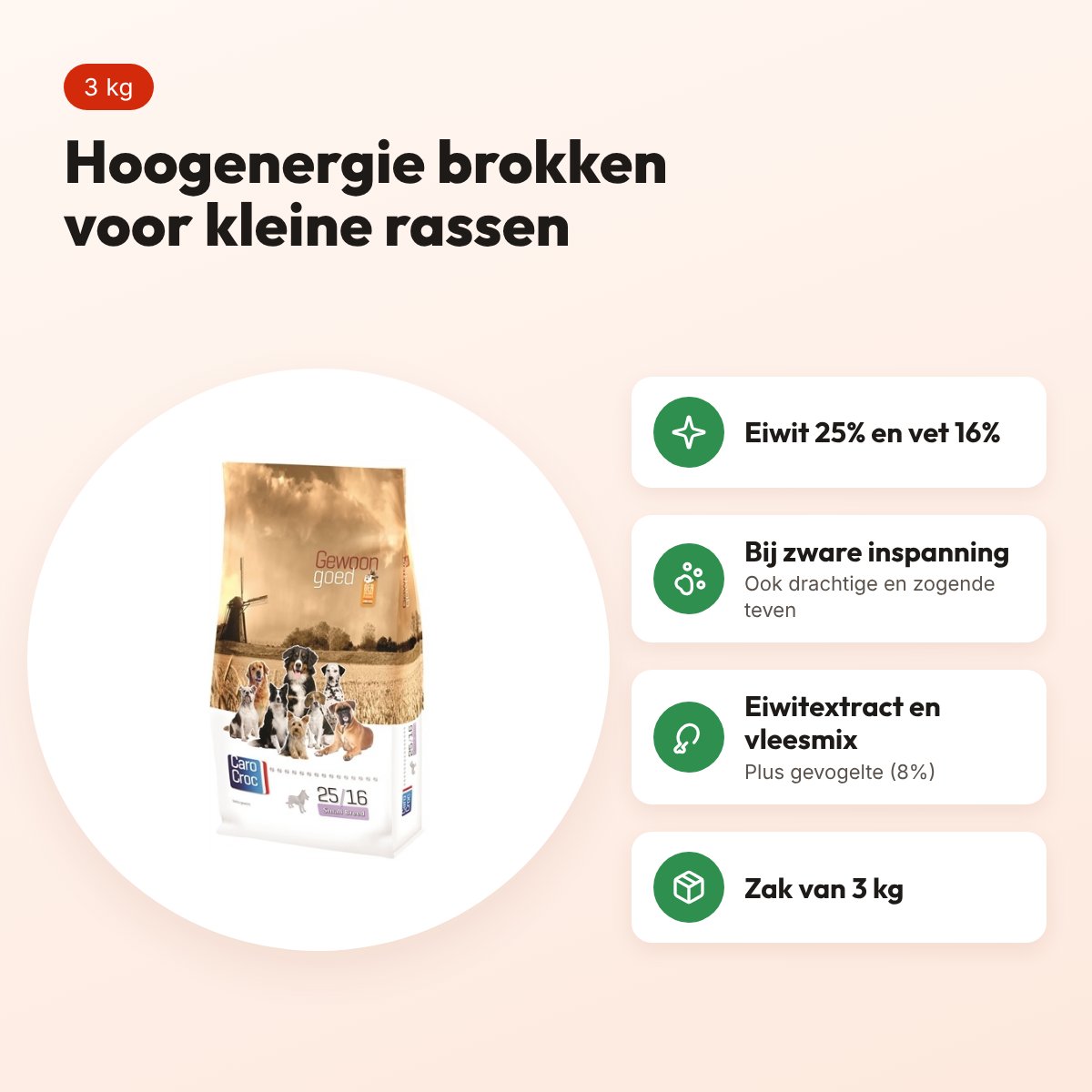 CaroCroc hondenvoer Small Breed 25/16 3 kg – hoogenergetisch – voordelen