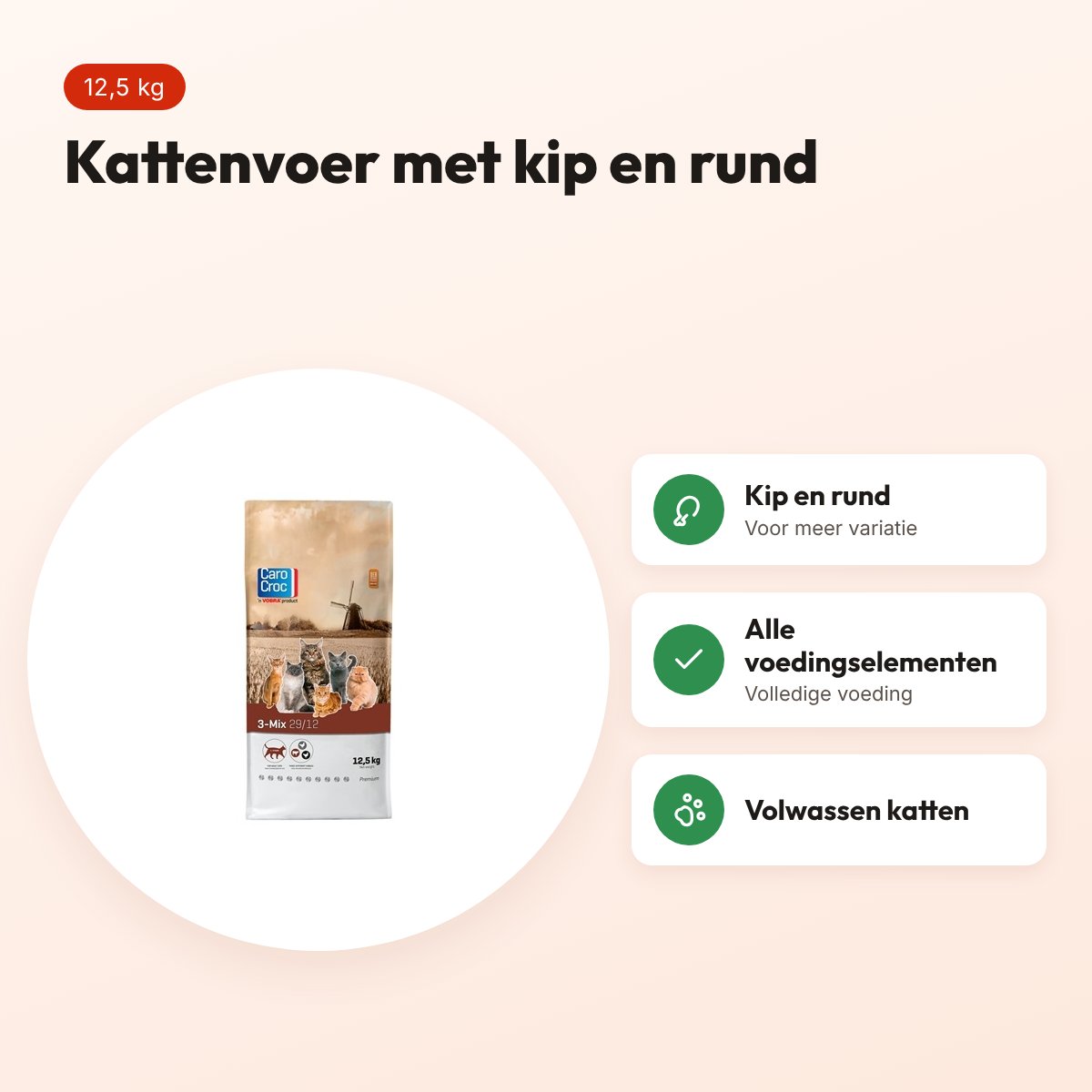 Carocroc kattenvoer 3-Mix 12,5 kg – kip en rund – voordelen